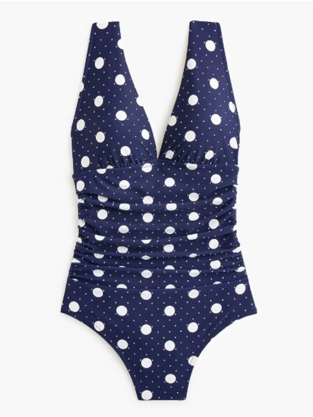 NWT J.Crew Factory Ruched Plunge One-Piece Swimsuit Navy White Polka Dot M